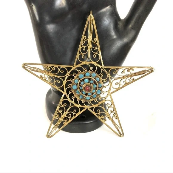Rare star turquoise coral vintage pendant gold filigree